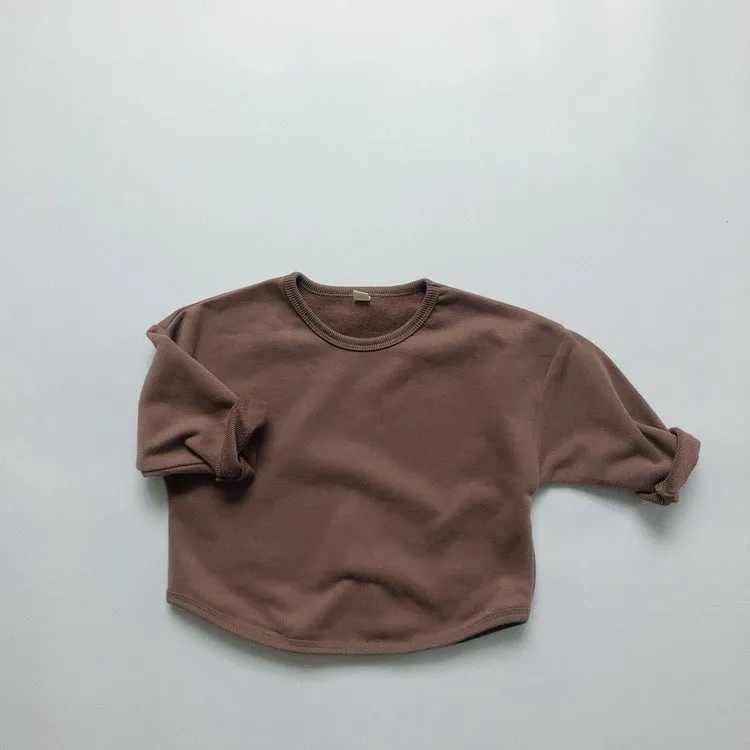 Children's basic long-sleeved sweatshirt in solid colour cotton knit, unisex Korean style, 80-130cm height options