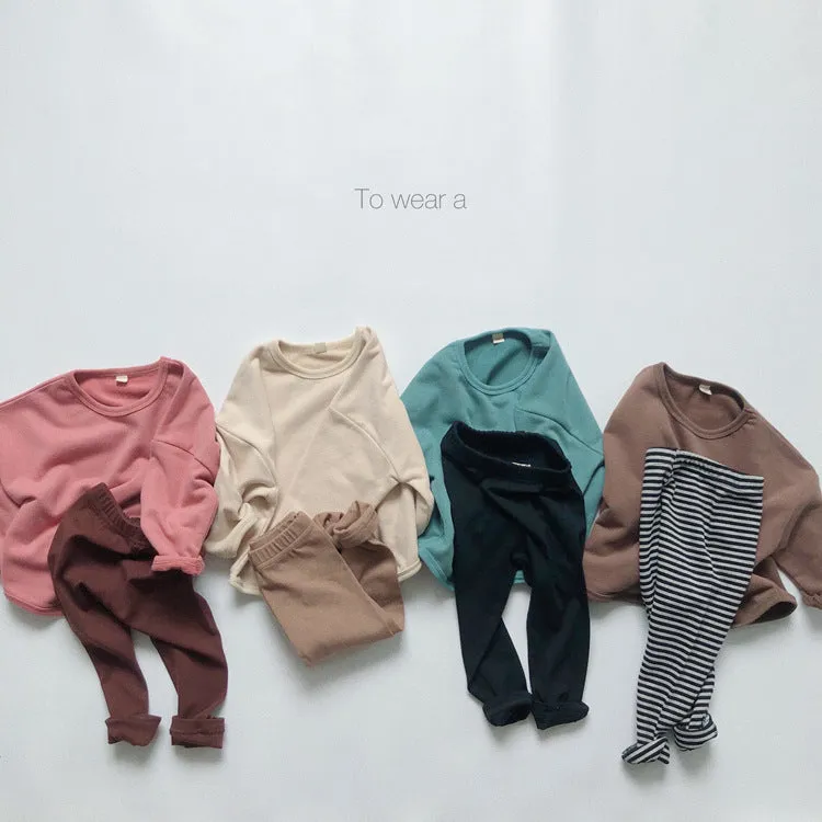 Children's basic long-sleeved sweatshirt in solid colour cotton knit, unisex Korean style, 80-130cm height options