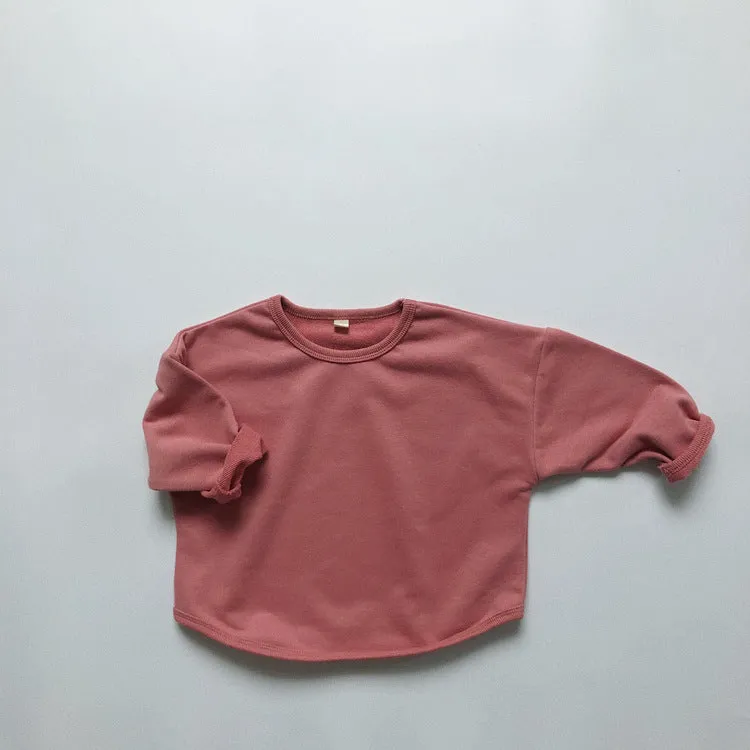 Children's basic long-sleeved sweatshirt in solid colour cotton knit, unisex Korean style, 80-130cm height options