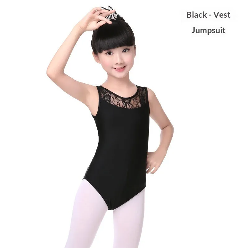 Black children's dance practice bodysuit with lace splicing, cotton spandex, vest cut