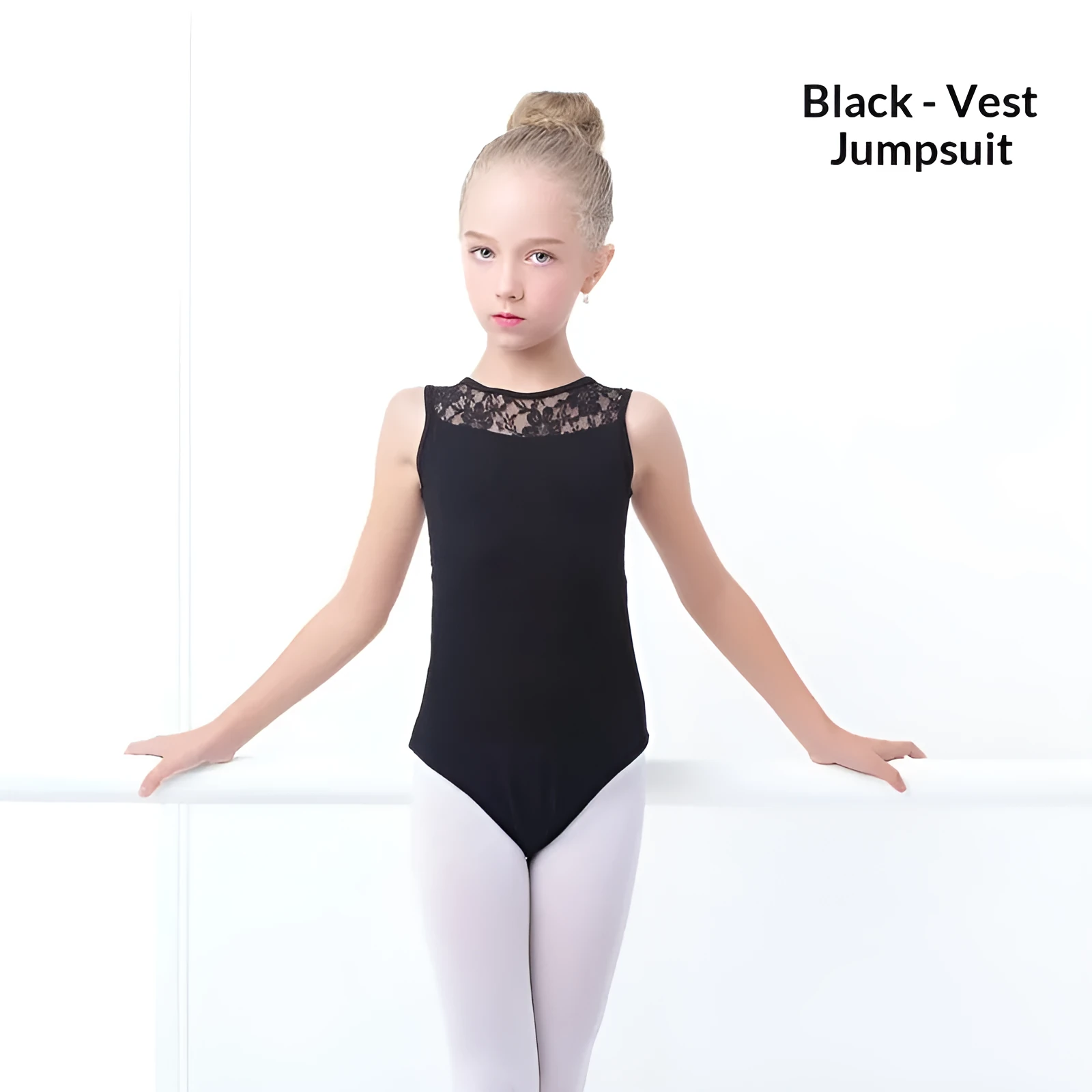 Black children's dance practice bodysuit with lace splicing, cotton spandex, vest cut
