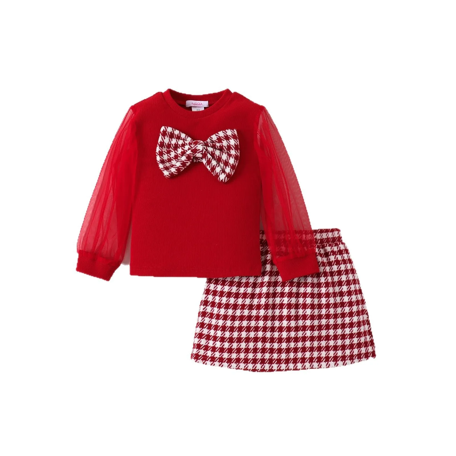 Red two-piece children's clothing set with long sleeve top and long skirt, cotton fabric, for ages 4Y to 7Y