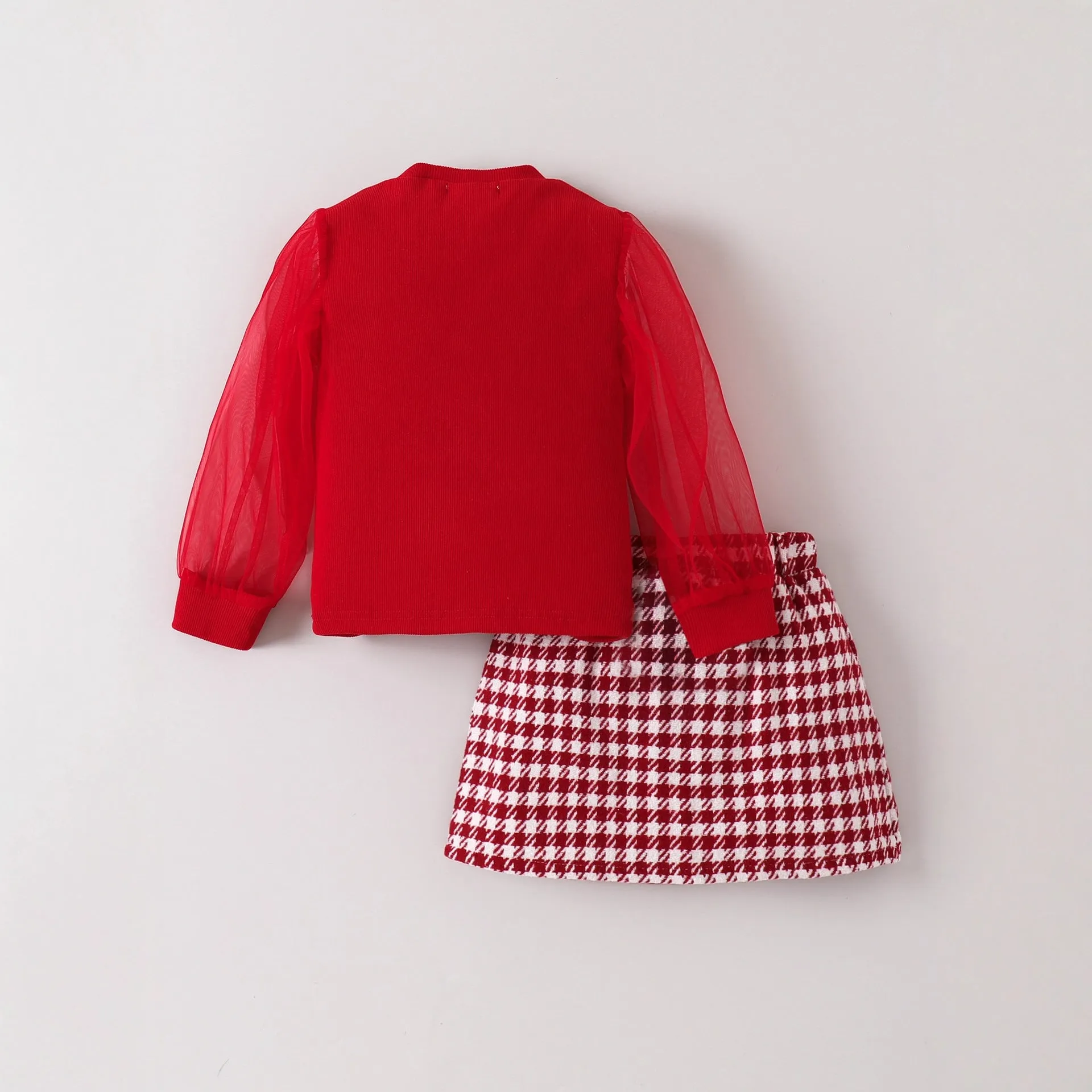 Red two-piece children's clothing set with long sleeve top and long skirt, cotton fabric, for ages 4Y to 7Y