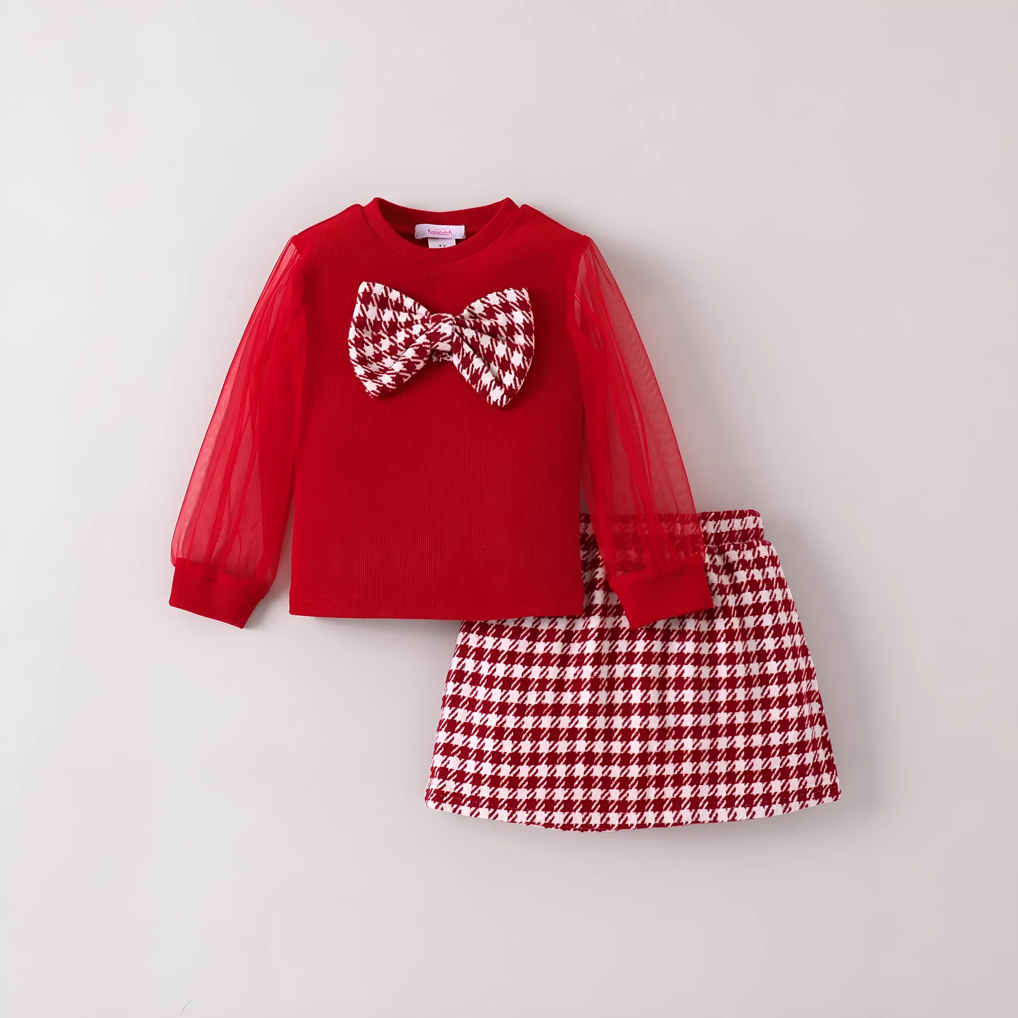 Red two-piece children's clothing set with long sleeve top and long skirt, cotton fabric, for ages 4Y to 7Y