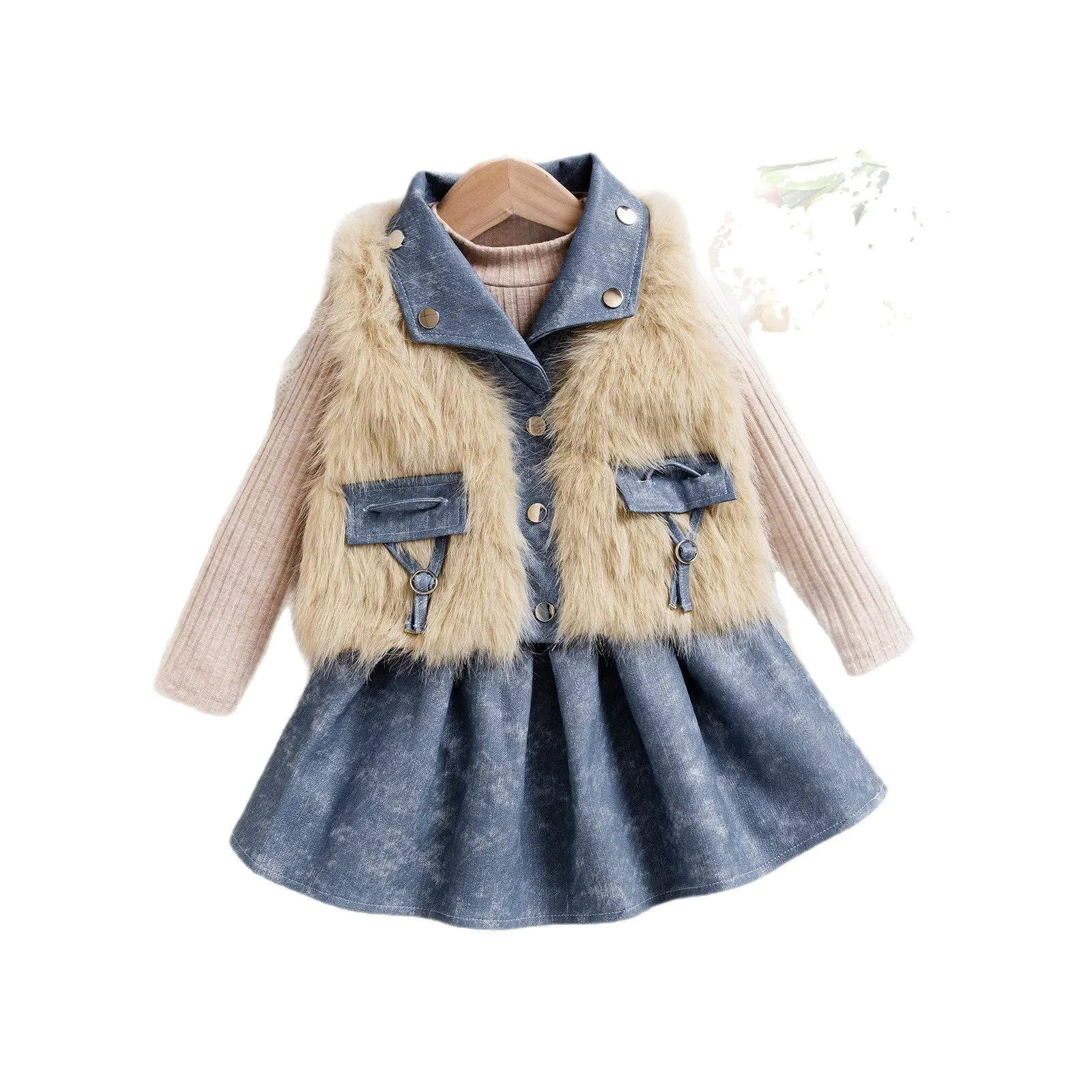 Girls apricot three-piece set with sleeveless top, denim skirt, and knitted vest, polyester fabric, sizes 4Y to 7Y