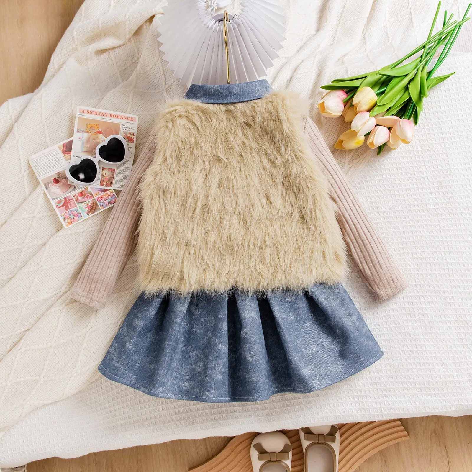 Girls apricot three-piece set with sleeveless top, denim skirt, and knitted vest, polyester fabric, sizes 4Y to 7Y