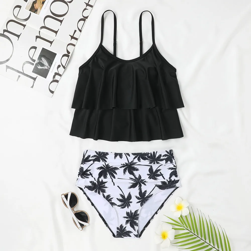 Black and floral print high-waisted women's swimsuit with a double-layer brief.