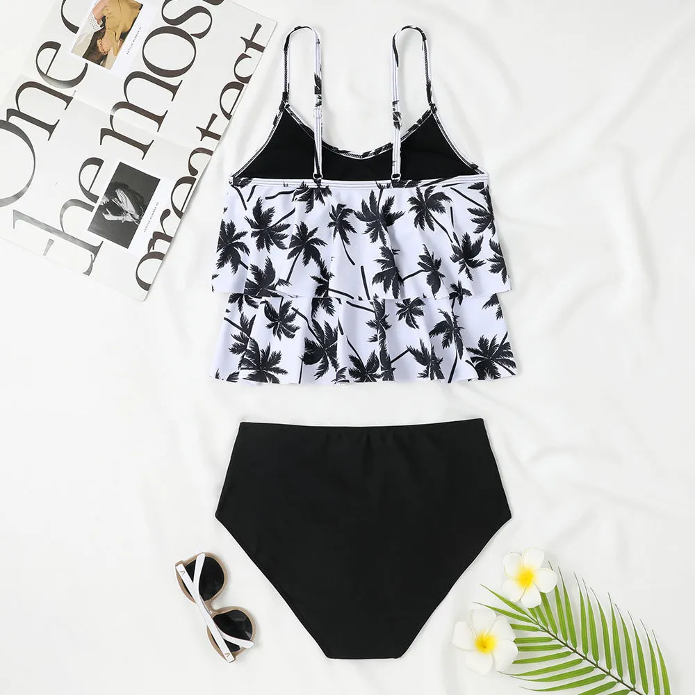 Black and floral print high-waisted women's swimsuit with a double-layer brief.