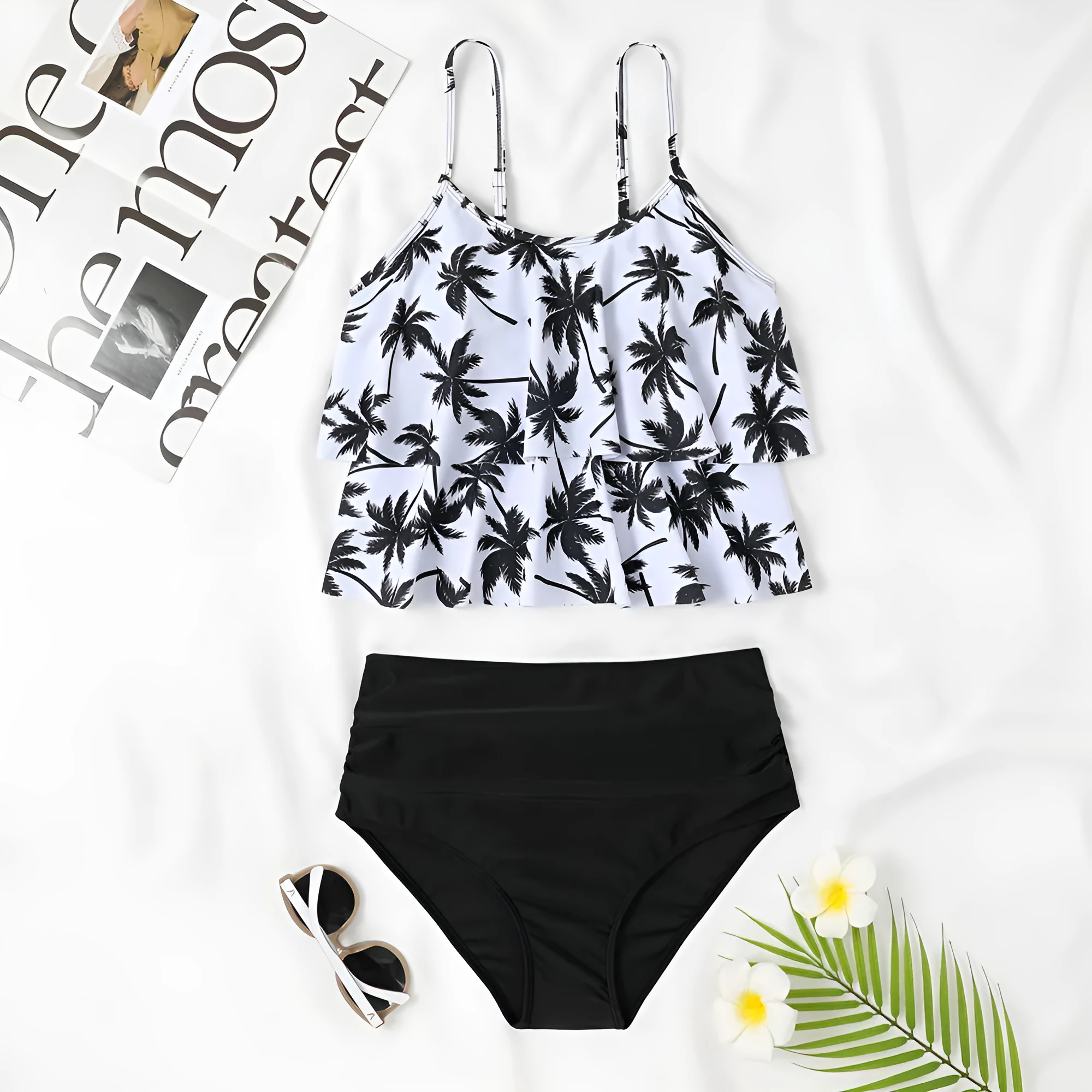 Black and floral print high-waisted women's swimsuit with a double-layer brief.