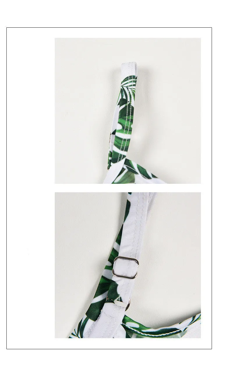 Women's printed one-piece swimsuit in polyester fabric showing green leaf style and black letter style colour options