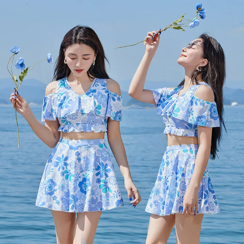Fresh floral blue women's one-piece swimsuit swimming dress with flower pattern, available in multiple sizes