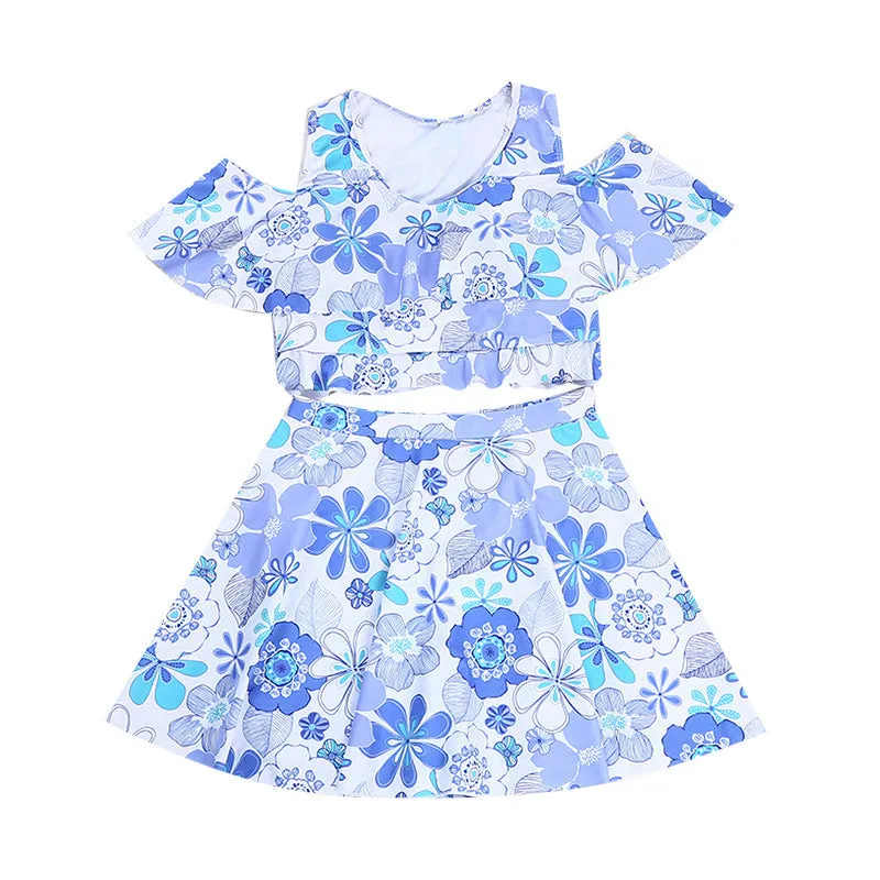 Fresh floral blue women's one-piece swimsuit swimming dress with flower pattern, available in multiple sizes