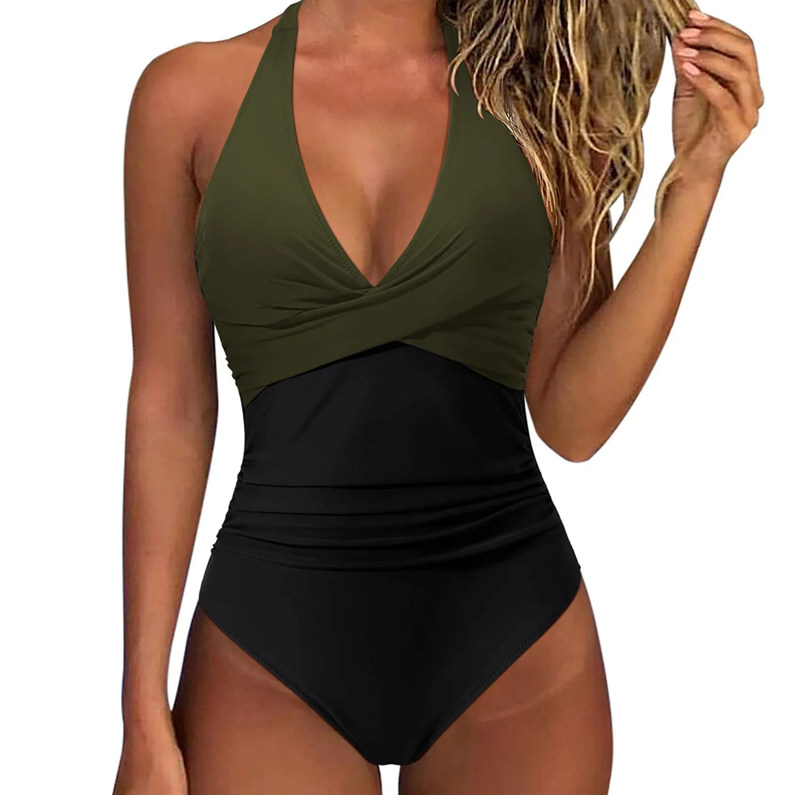Women's backless lace-up swimsuit in multicolour pattern with high-waisted Siamese bikini design