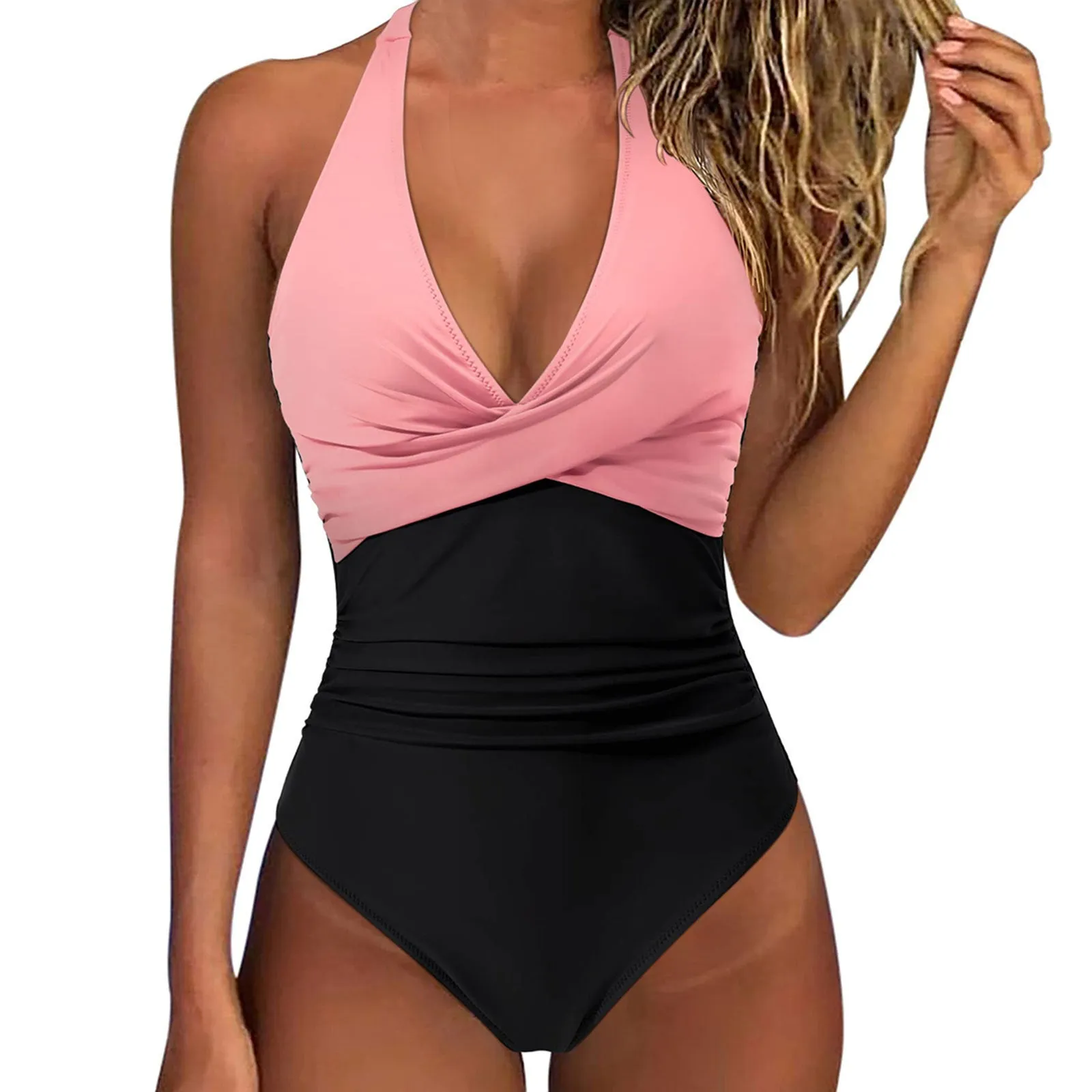 Women's backless lace-up swimsuit in multicolour pattern with high-waisted Siamese bikini design