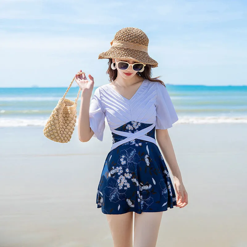 Women's green and blue printed chemical fibre one-piece swimsuit showing front design