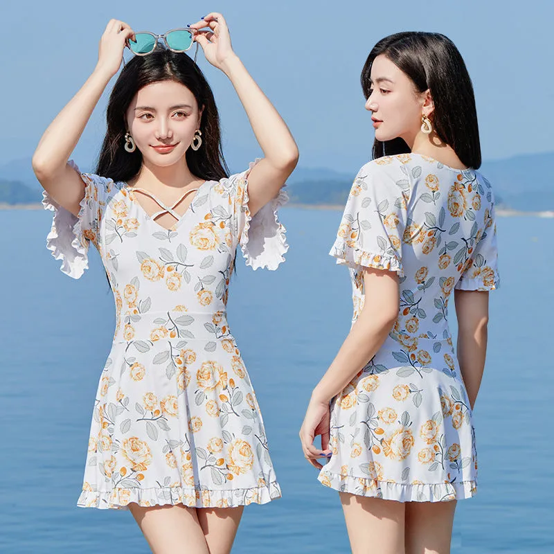 Women's high waist floral print one-piece swimsuit in blue or white pattern