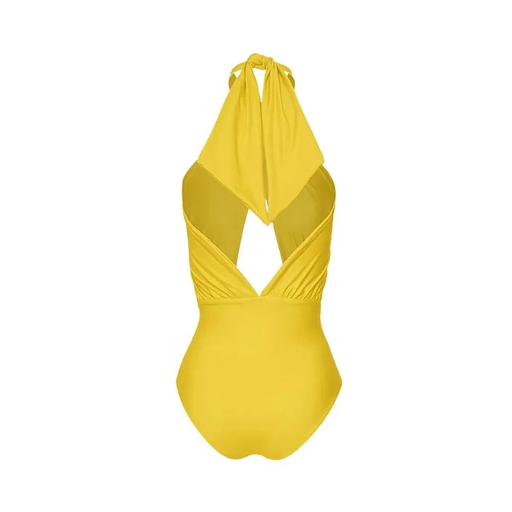 Women's solid colour halter one-piece swimsuit with matching wrap skirt in polyester fabric