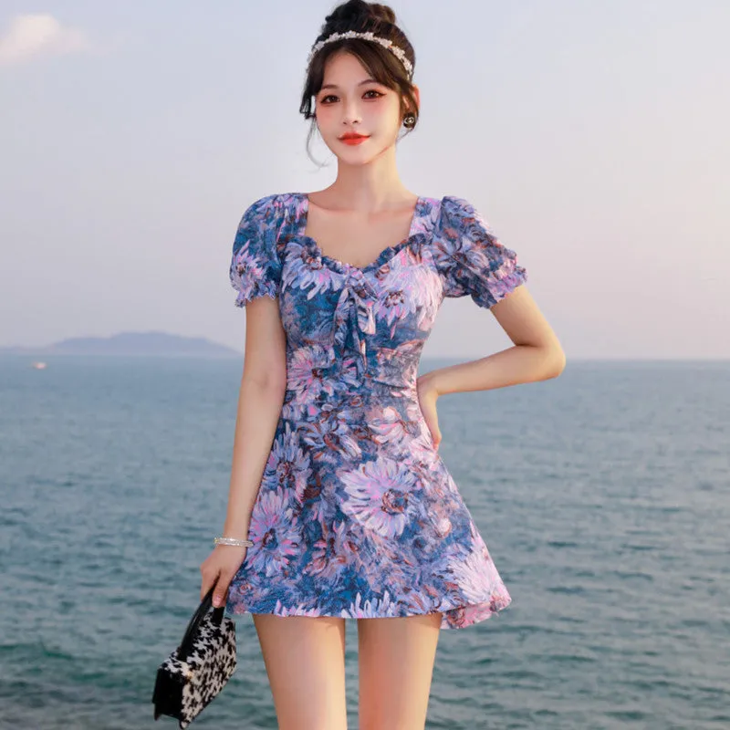 Women's solid colour one-piece swimsuit conservative cut flat angle design