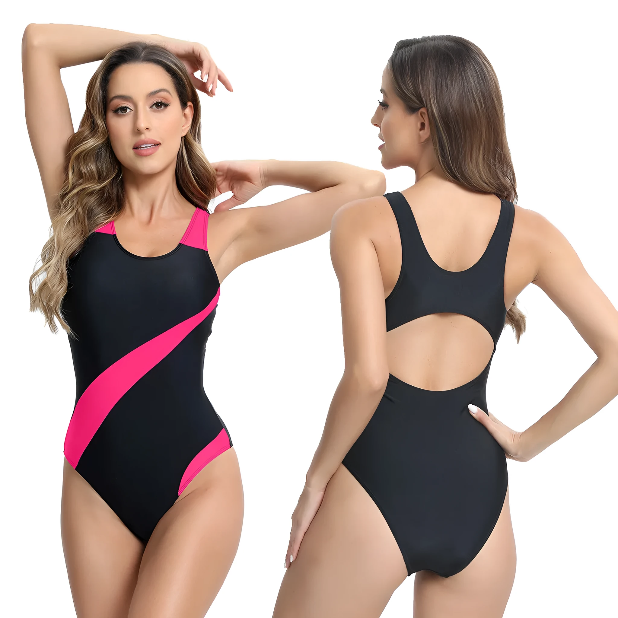 Women's sleeveless one-piece swimsuit in rose red, blue, or white with briefs bottom.
