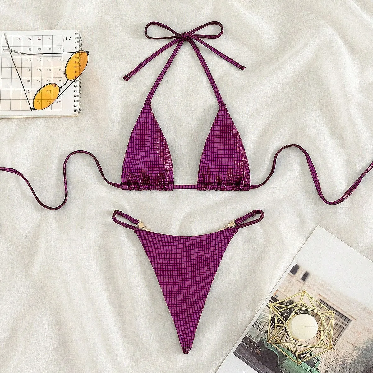 Women's solid colour T-back split bikini in blue, rose red or gold