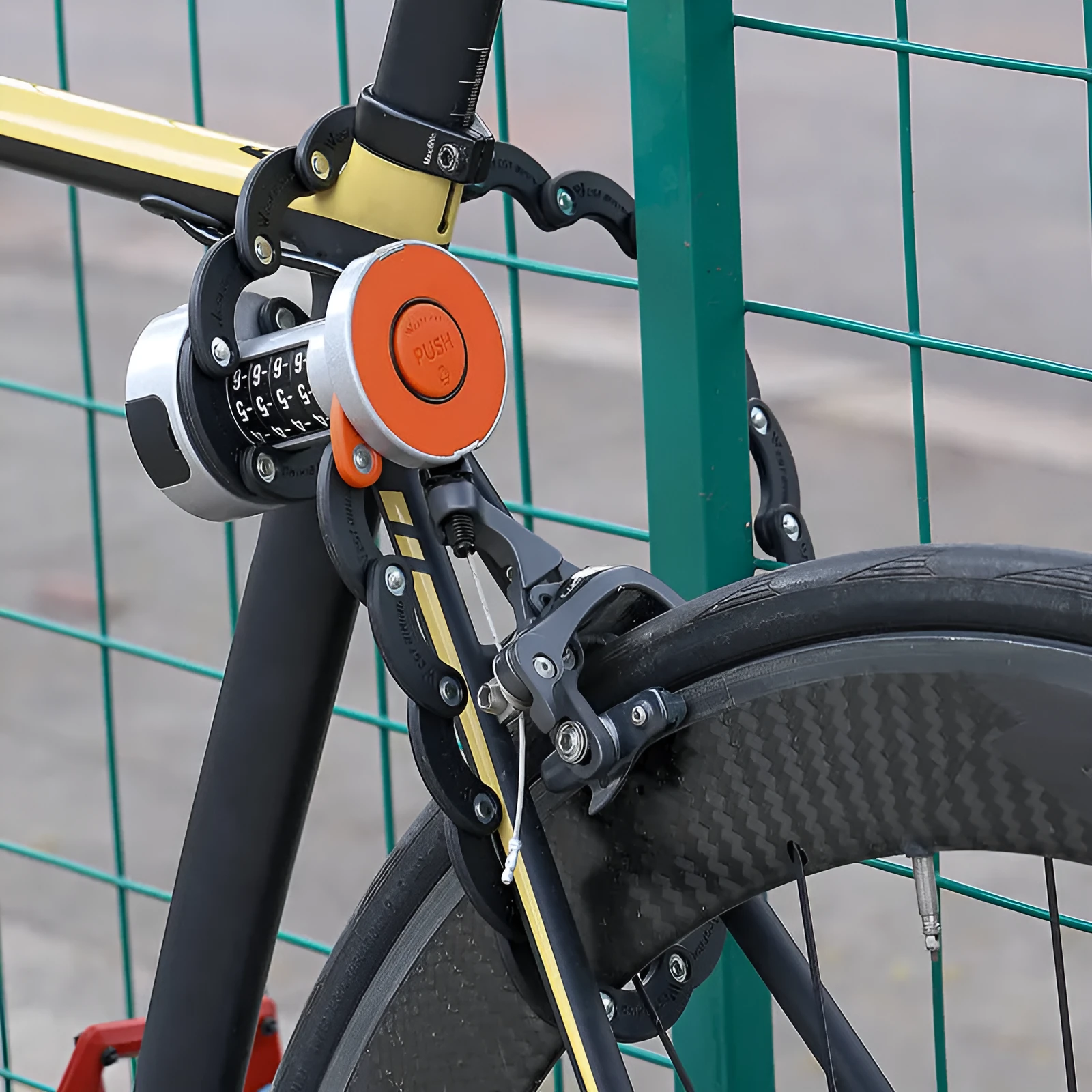 Black bicycle water bottle cage with integrated anti-theft fliplock lock mechanism mounted on bike frame