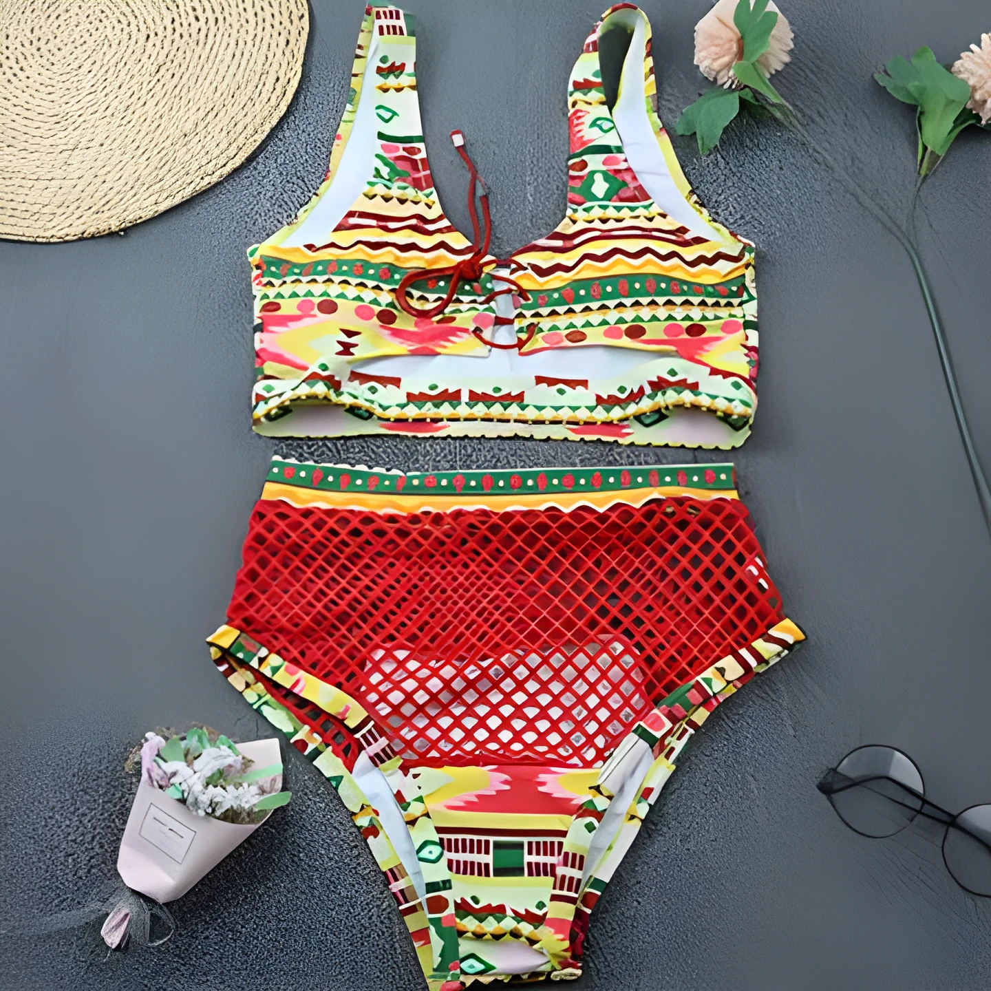 Women's cross-strap fishnet bikini set with high-waist briefs in multicolour checkered pattern