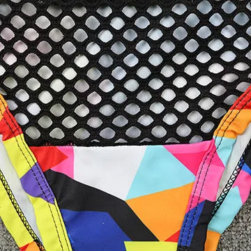 Women's cross-strap fishnet bikini set with high-waist briefs in multicolour checkered pattern