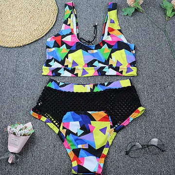 Women's cross-strap fishnet bikini set with high-waist briefs in multicolour checkered pattern