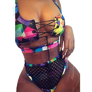 Women's cross-strap fishnet bikini set with high-waist briefs in multicolour checkered pattern