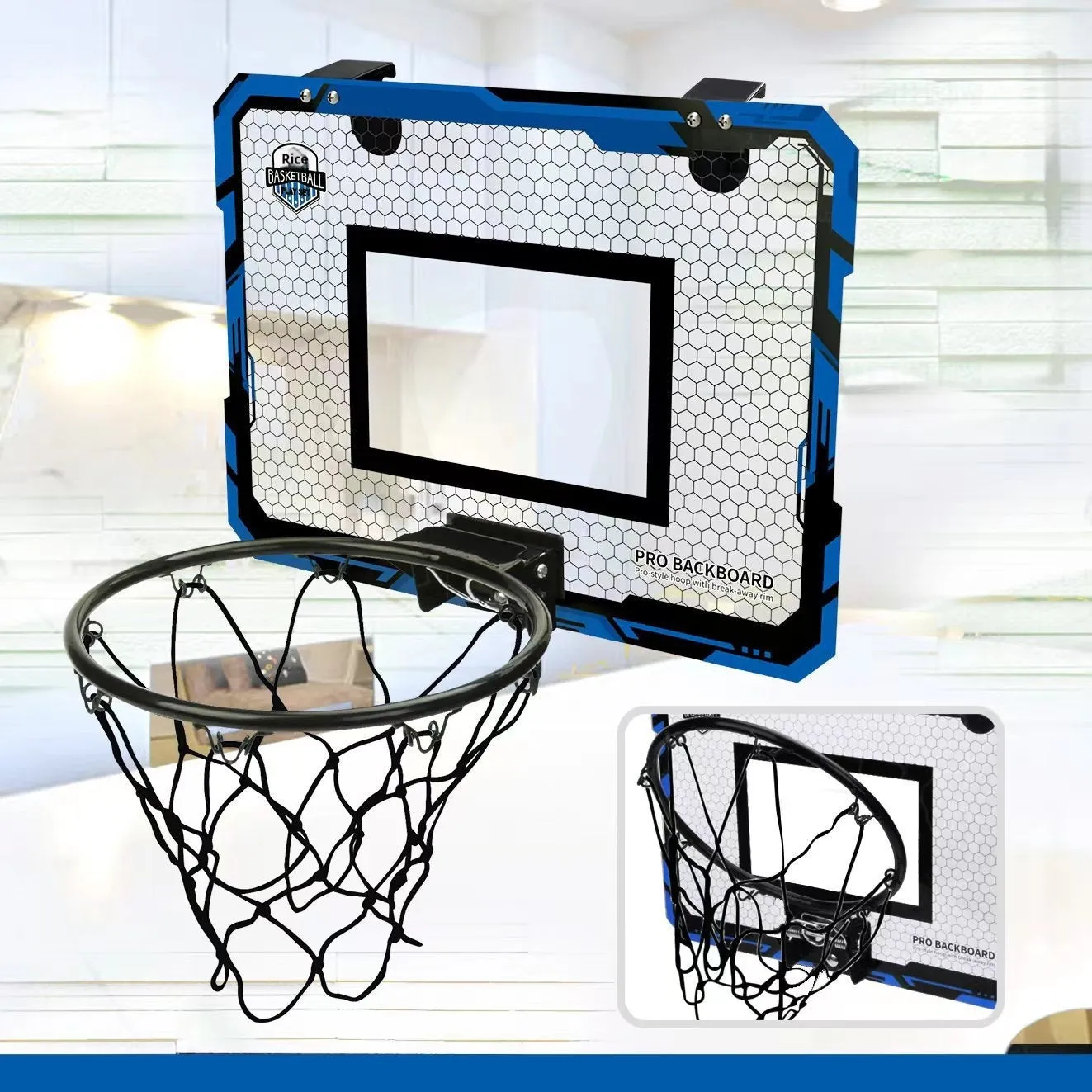Folding basketball dunk frame with blue parallel panels and suction cup mounts for indoor walls.
