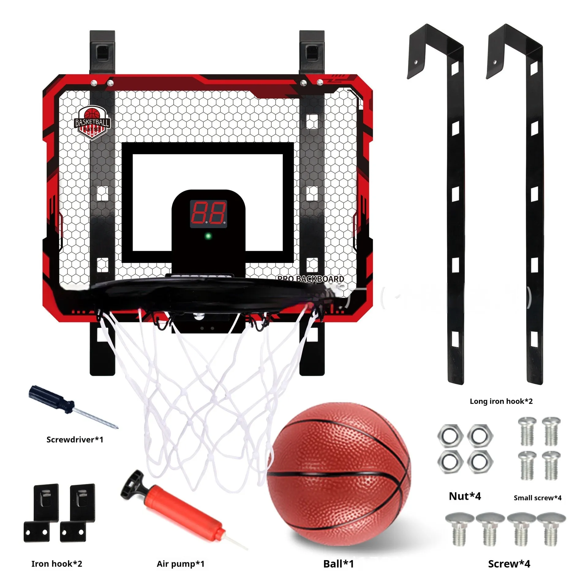 Folding basketball dunk frame with blue parallel panels and suction cup mounts for indoor walls.