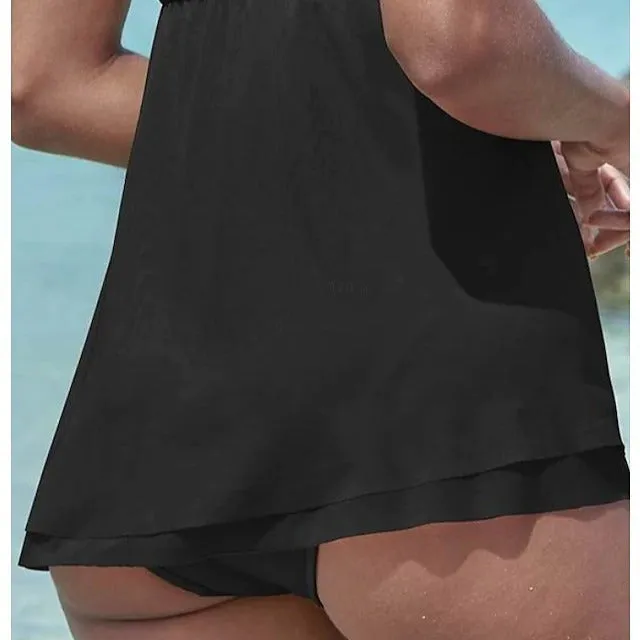 Women's strapless solid colour one-piece swimsuit dress in polyester fabric on a mannequin