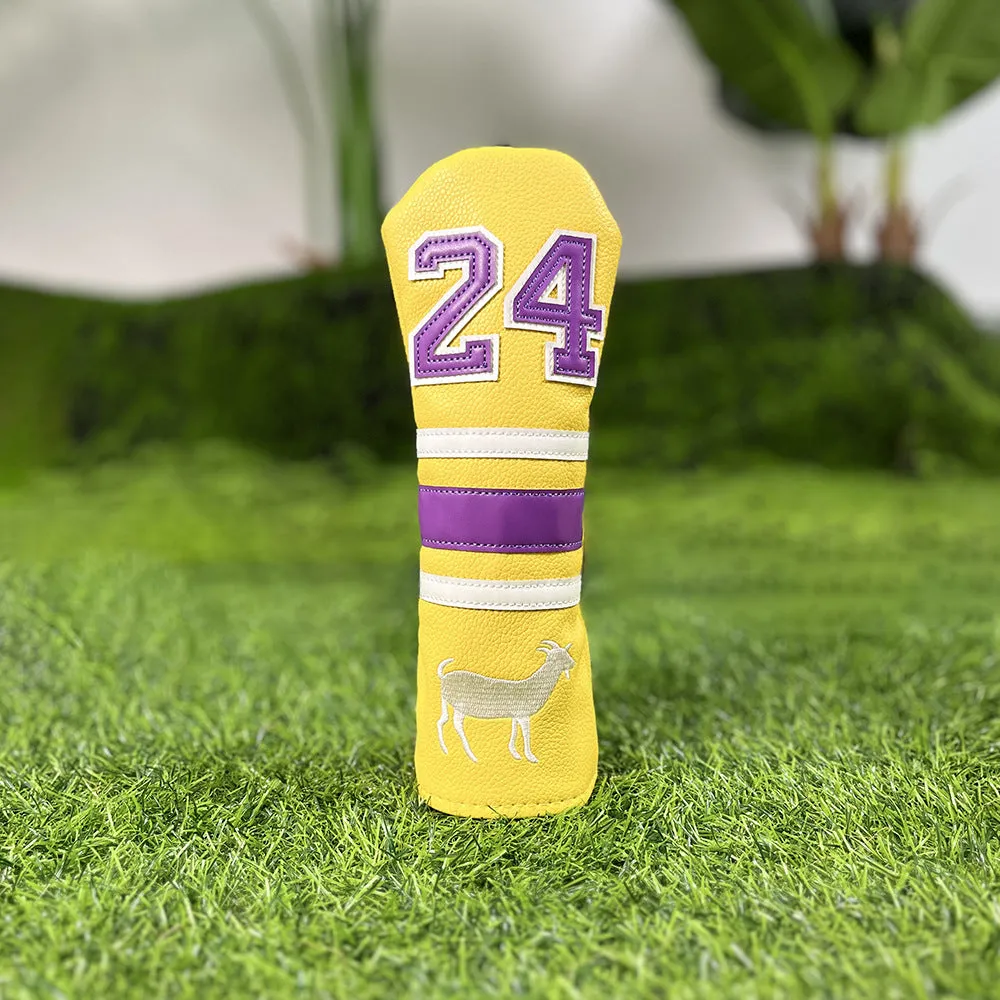 Set of four yellow PU golf club head covers including a square putter cover and iron covers on a golf bag.