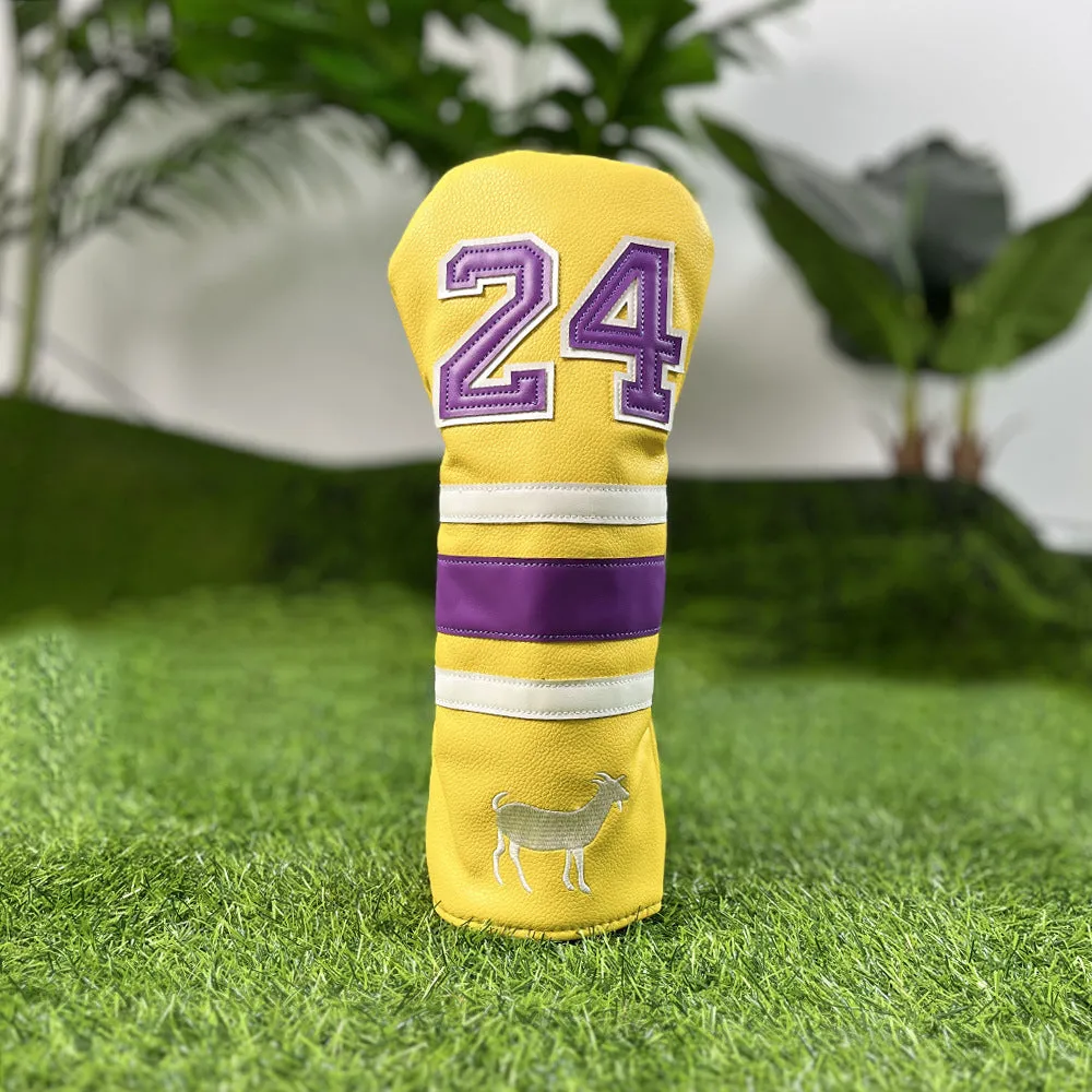 Set of four yellow PU golf club head covers including a square putter cover and iron covers on a golf bag.