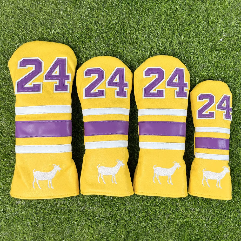Set of four yellow PU golf club head covers including a square putter cover and iron covers on a golf bag.