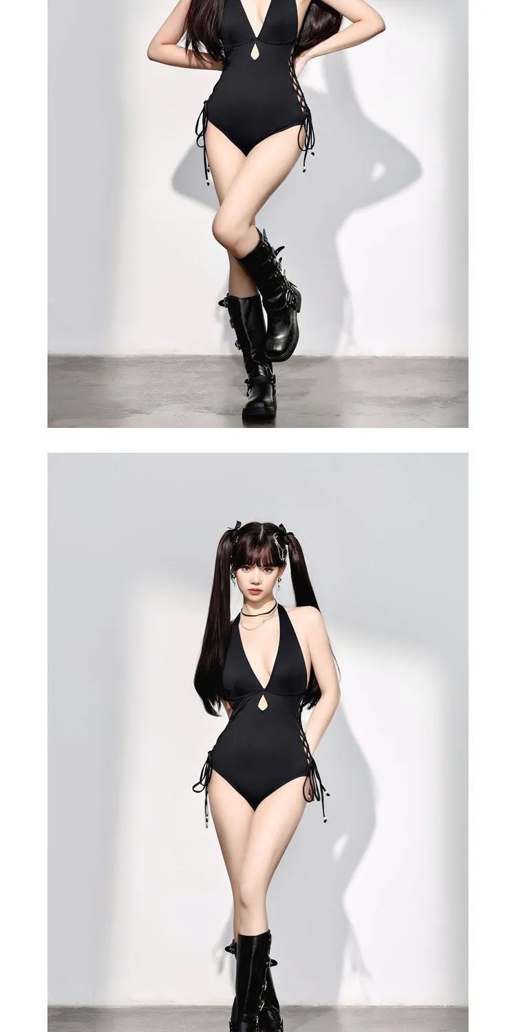 Black women's one-piece swimsuit with V-neck and hollow strap design.