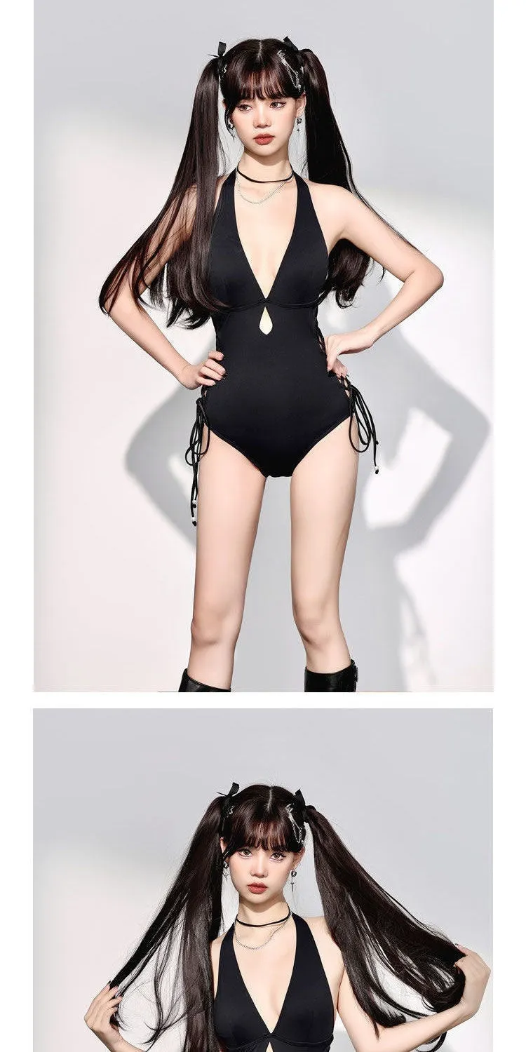 Black women's one-piece swimsuit with V-neck and hollow strap design.