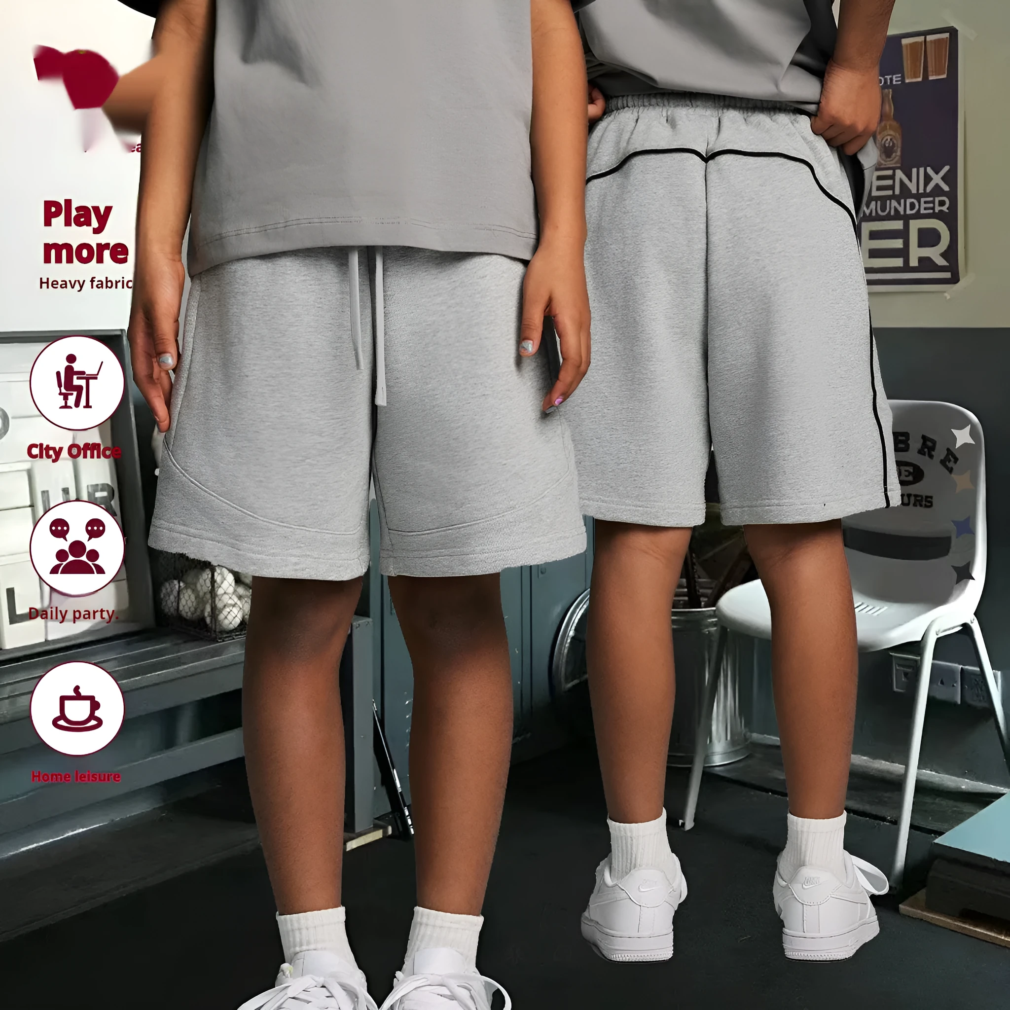 Solid colour cotton children's sports shorts in loose fit design available in multiple sizes