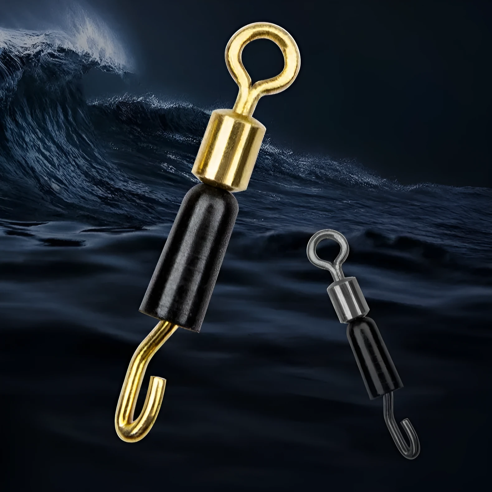 Wire clip silicone opening swivel pin fishing accessory showing rotation mechanism and size options