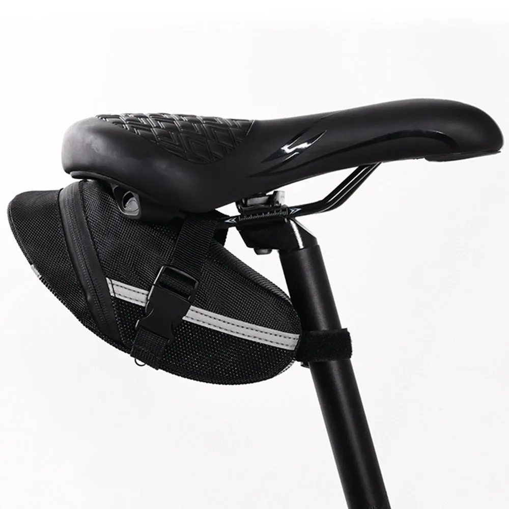 Black cycling tail bag with quick-release mounting for bicycle saddle