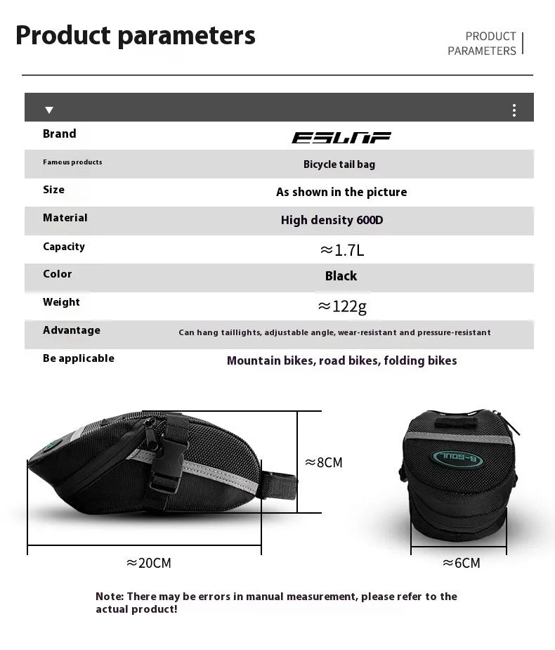 Black cycling tail bag with quick-release mounting for bicycle saddle