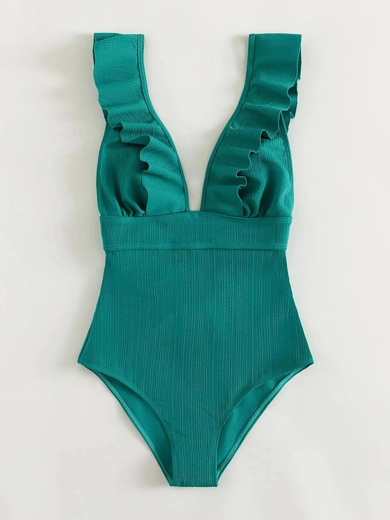 Black one-piece swimsuit for women with ruffled shoulder straps and decorative lace across the back.