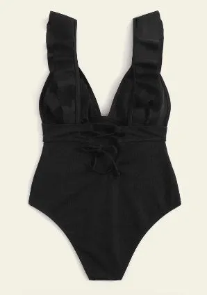 Black one-piece swimsuit for women with ruffled shoulder straps and decorative lace across the back.