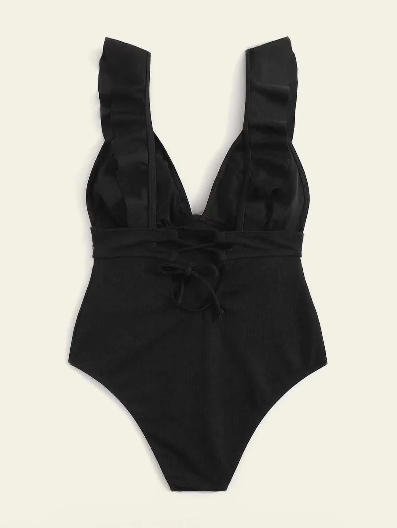 Black one-piece swimsuit for women with ruffled shoulder straps and decorative lace across the back.