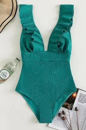 Black one-piece swimsuit for women with ruffled shoulder straps and decorative lace across the back.