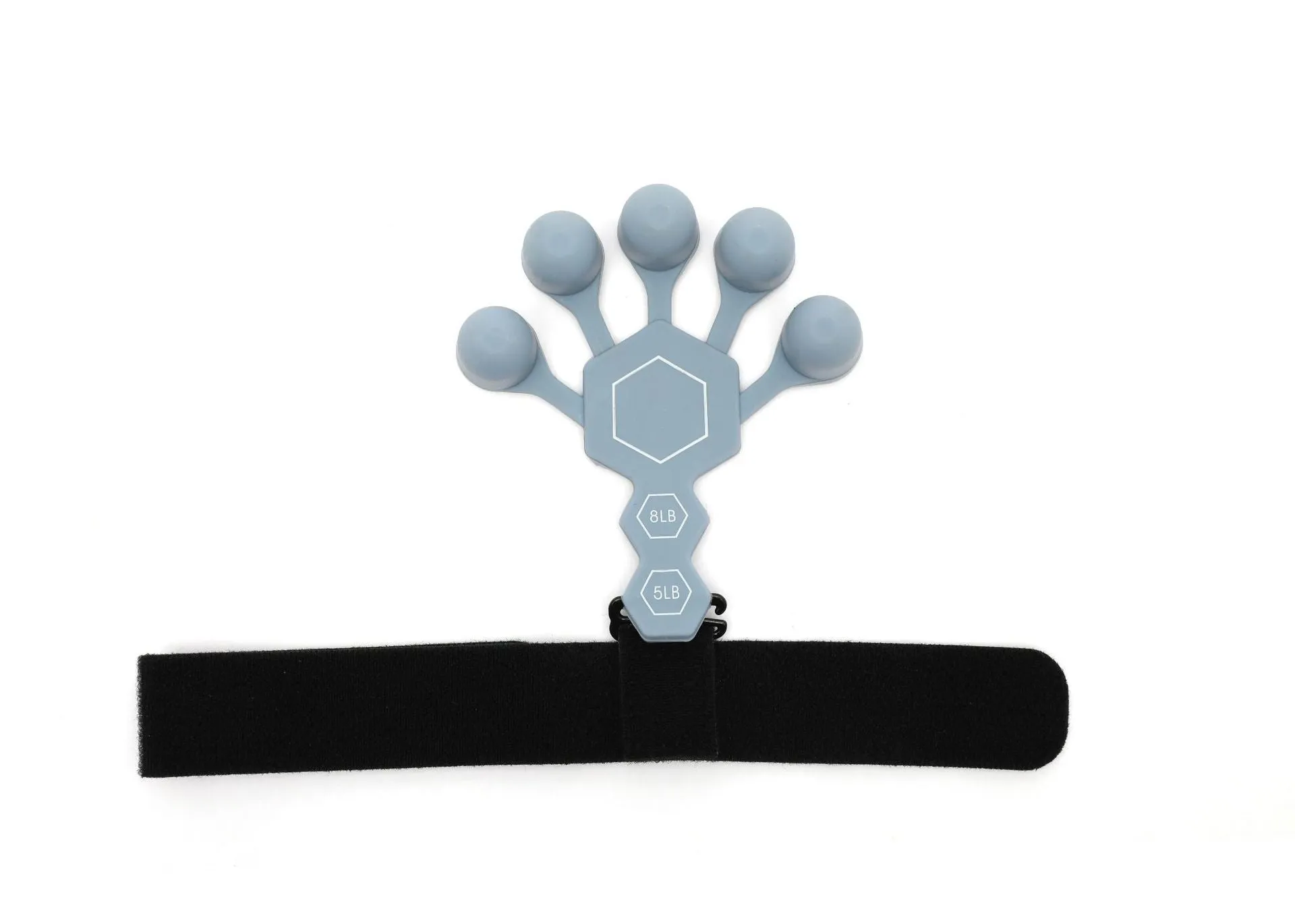 Grey and black silicone 5-finger rehabilitation hand trainer for adult grip strength exercises.