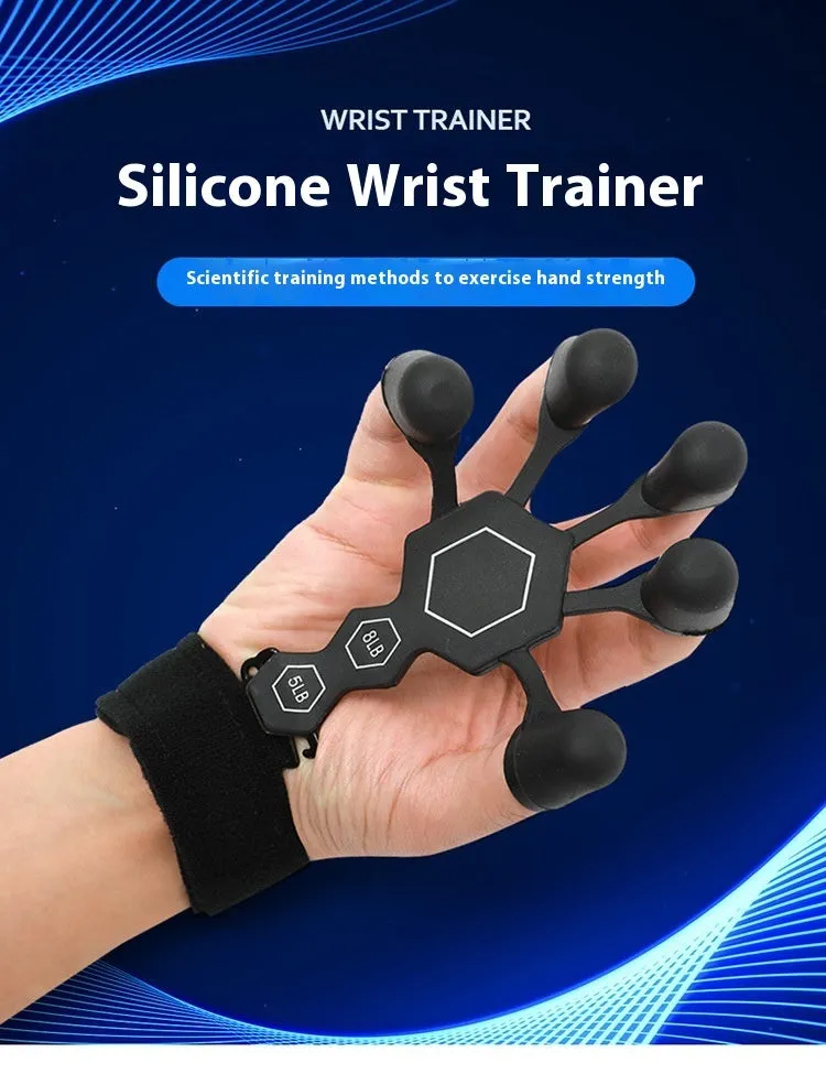 Grey and black silicone 5-finger rehabilitation hand trainer for adult grip strength exercises.