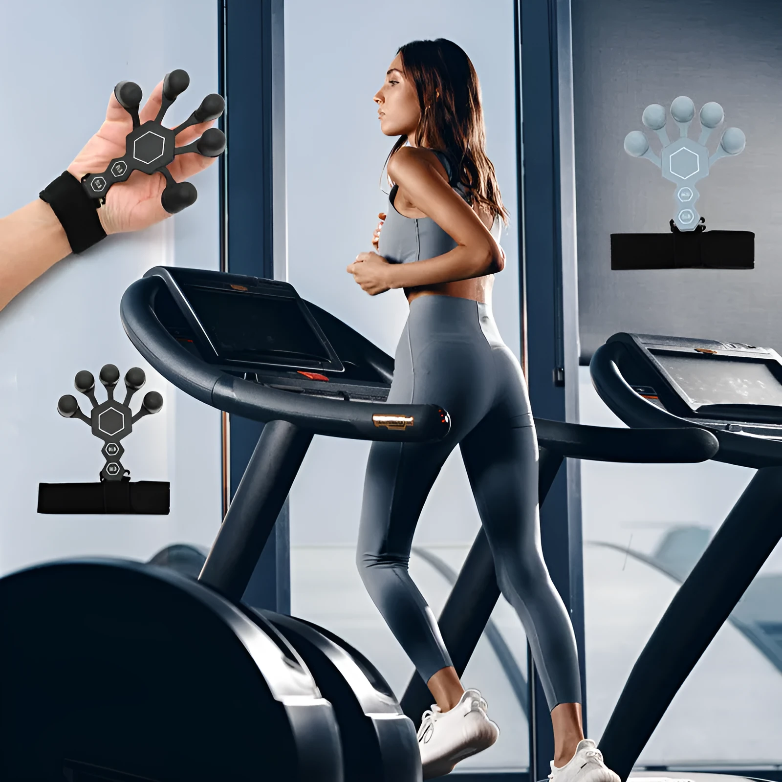 Grey and black silicone 5-finger rehabilitation hand trainer for adult grip strength exercises.