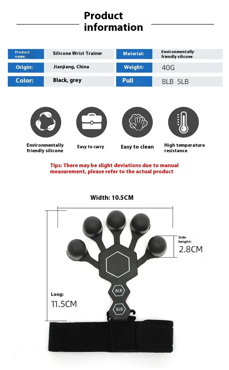 Grey and black silicone 5-finger rehabilitation hand trainer for adult grip strength exercises.