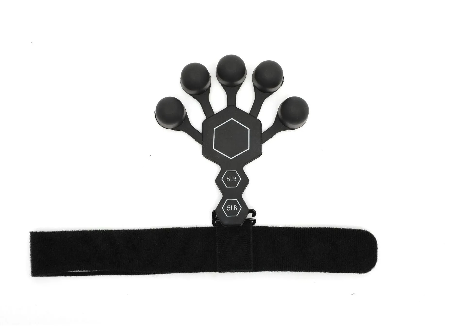 Grey and black silicone 5-finger rehabilitation hand trainer for adult grip strength exercises.